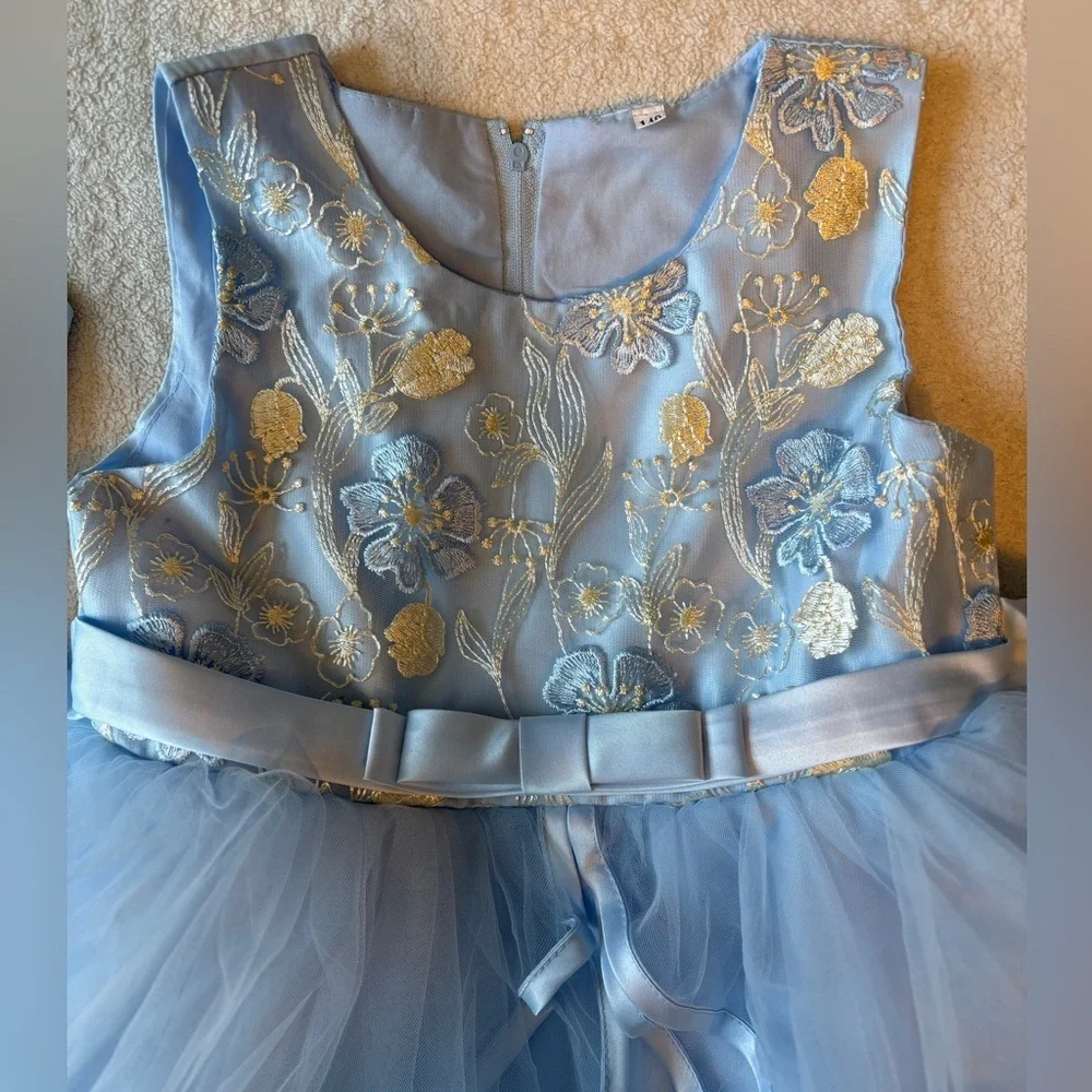 Elegant Blue Floral Dress with Tulle Skirt, Sz 140 (8-10) Easter Birthday